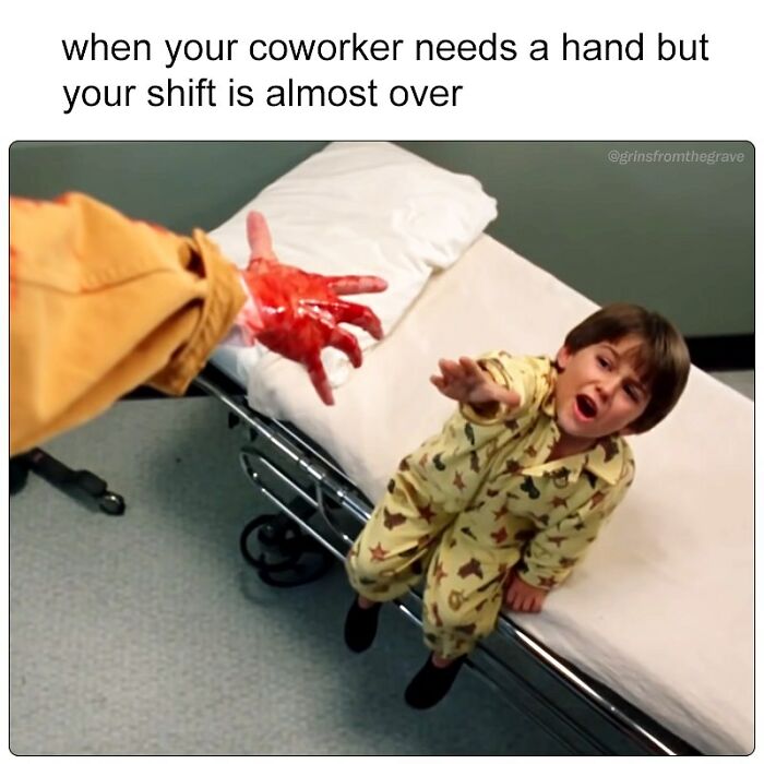 Child in pajamas reaching out to a bloody hand on a hospital bed, a hilarious horror movie meme scene.