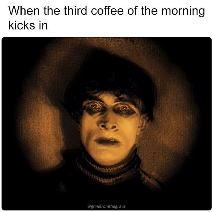 Close-up of a horror movie character with wide eyes and dark makeup, illustrating a hilarious horror movie meme.