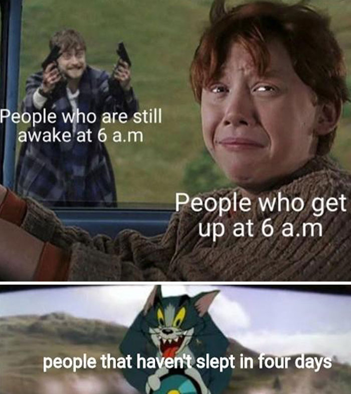 Meme collage showing funny insomnia struggles with people awake at 6 a.m. and a weary Tom cat after four days without sleep.