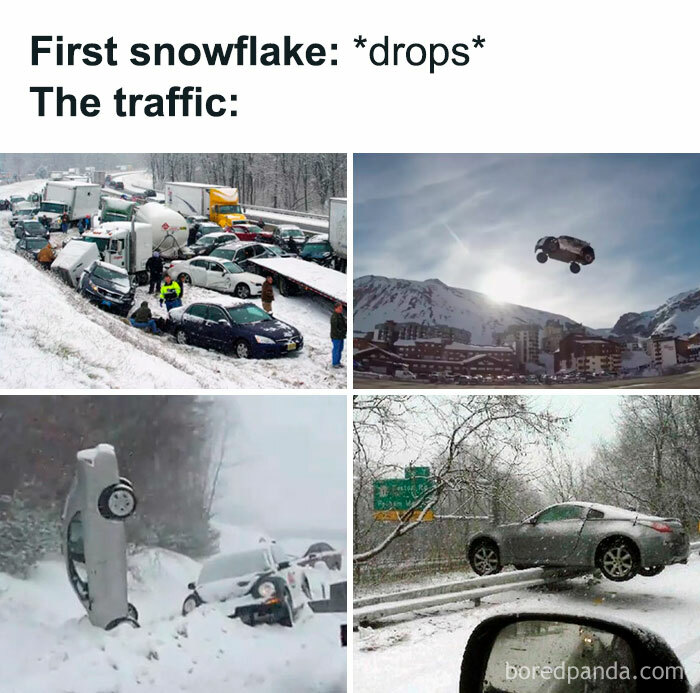 Snow-covered roads causing multiple car crashes and chaotic traffic, illustrating why road rage meme humor exists.
