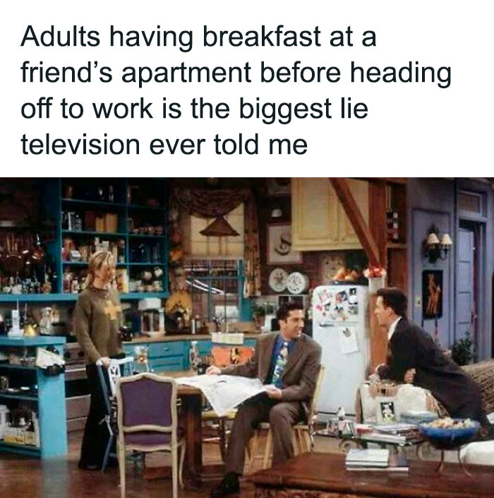 Scene from a 90s sitcom showing friends in a colorful apartment kitchen capturing 90s posts and nostalgic memories.