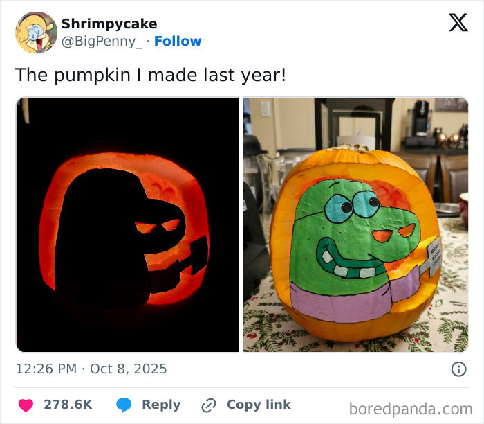 Tweet showing a creatively carved and painted pumpkin, relevant to Netflix gotta add a comment section humor.