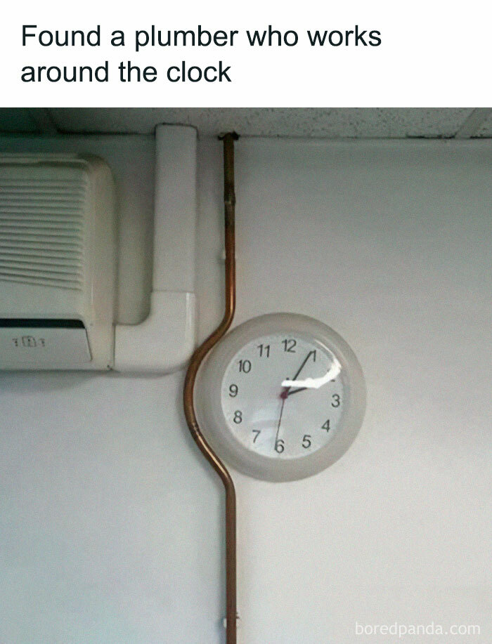 Image of a clock humorously integrated with plumbing pipes illustrating a dad joke about a plumber working around the clock.