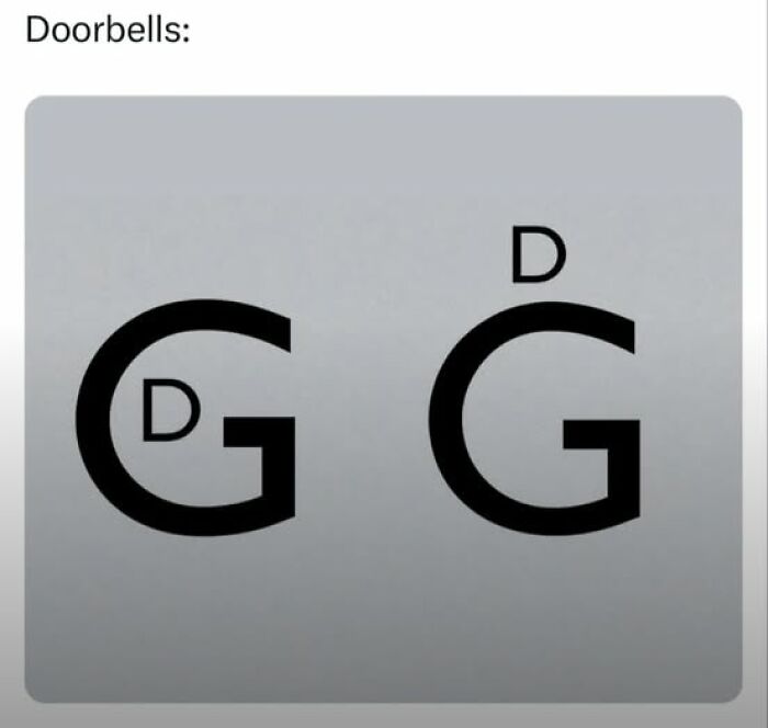 Graphic showing letters G and D arranged as doorbells, illustrating a cringy joke perfect for dad humor and puns.