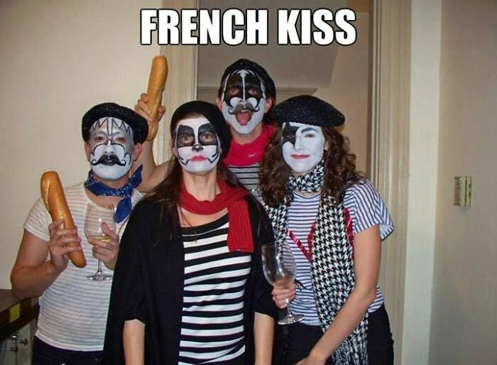 Four people in French mime costumes holding baguettes and wine glasses, illustrating a hilariously cringy joke pun about dads.