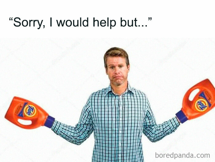 Man in checkered shirt holding two large detergent bottles with a funny expression, illustrating cringy jokes and puns.