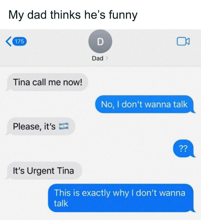 Text message exchange showing a dad sending cringy jokes and puns to his child about calling Tina.
