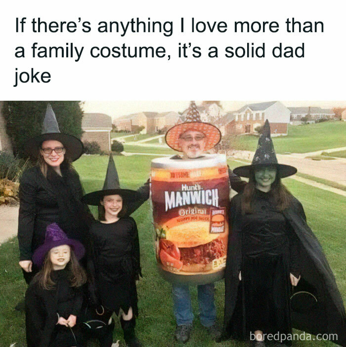 Family dressed in Halloween costumes including a man in a sandwich costume, showcasing cringy dad jokes and puns for dads.