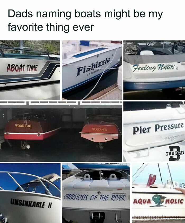Boat names with hilarious cringy jokes and puns perfect to send to your dad for a laugh and fun gift ideas.