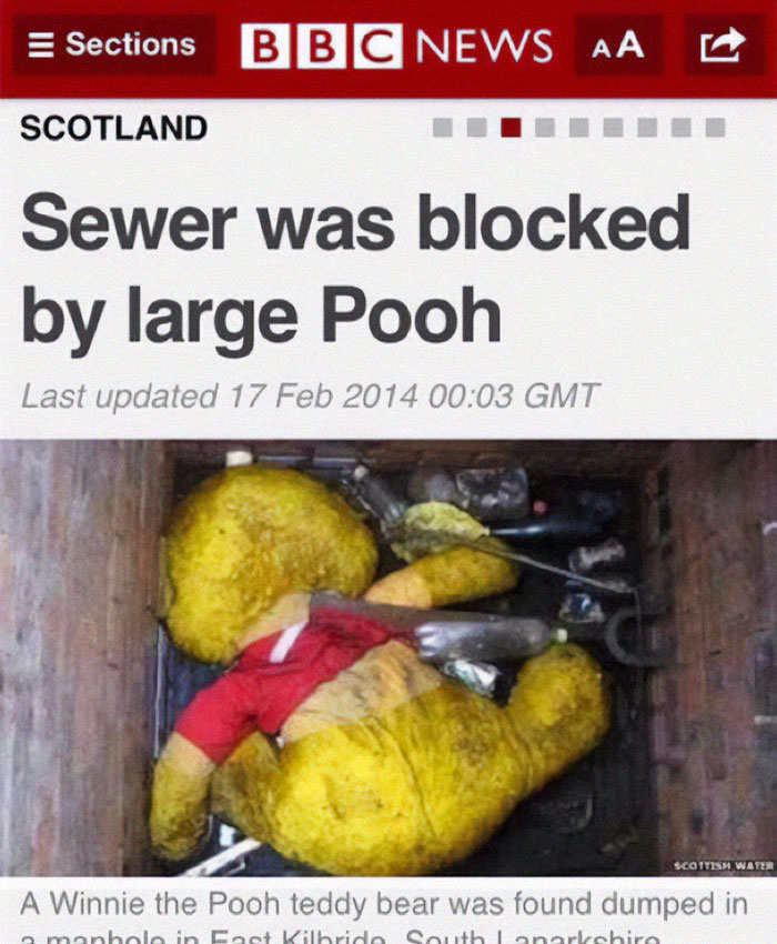 BBC News headline showing a cringy joke about a blocked sewer caused by a large Pooh teddy bear.