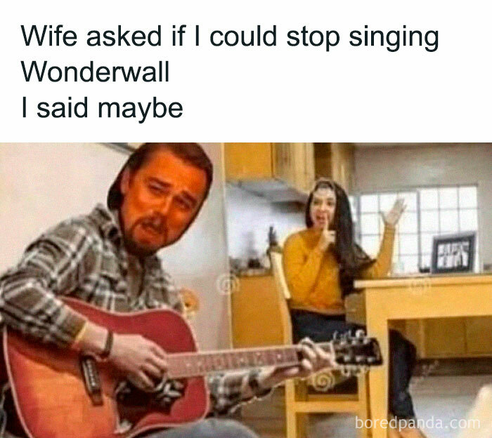 Man playing guitar ignoring woman’s request, a funny dad joke about singing Wonderwall, illustrating cringy jokes and puns for dads.