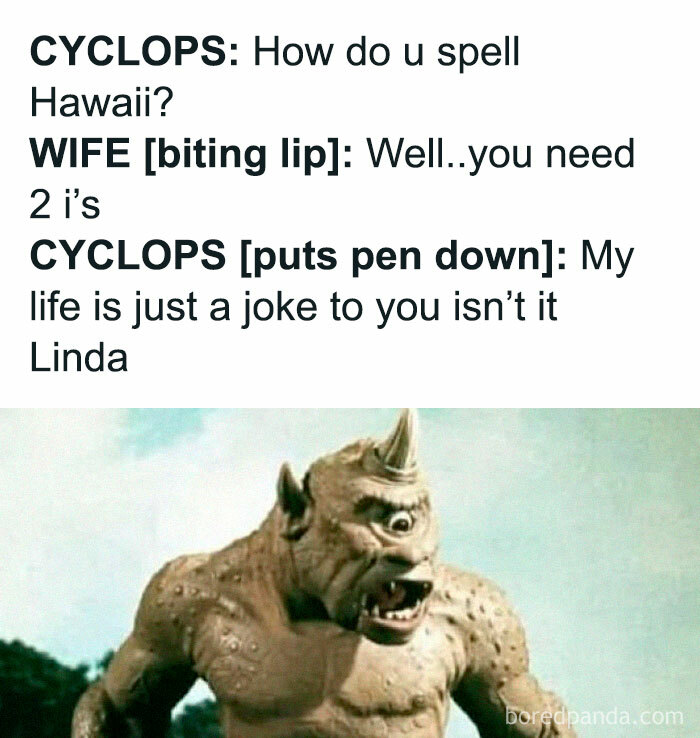 Cyclops telling a cringy joke about spelling Hawaii, featured in hilariously cringy jokes and puns to send to your dad.
