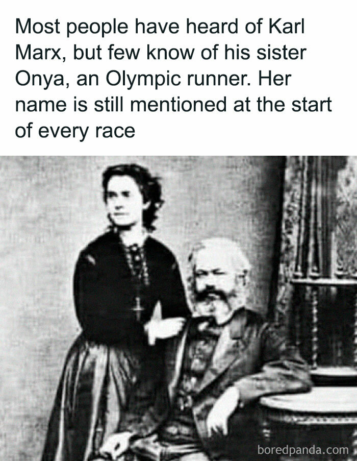 Black and white photo with a cringy dad joke about Karl Marx's sister Onya in a vintage setting.