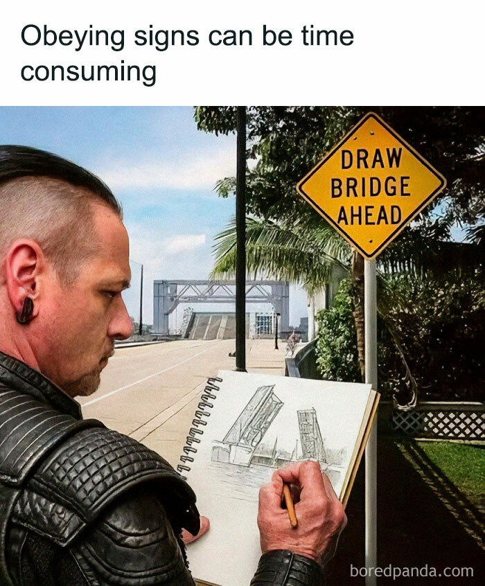 Man drawing a pun sketch of a drawbridge ahead with a sign, illustrating hilariously cringy jokes and puns to send to your dad.