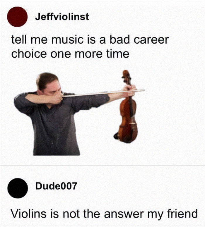 Man aiming a violin like a bow and arrow in a funny dad joke about cringy jokes and puns about music and violins.