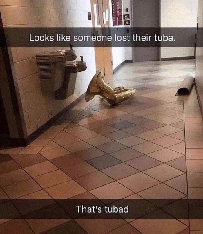 Tuba lying on hallway floor with humorous dad joke caption about the cringy pun lost tuba and tubad.