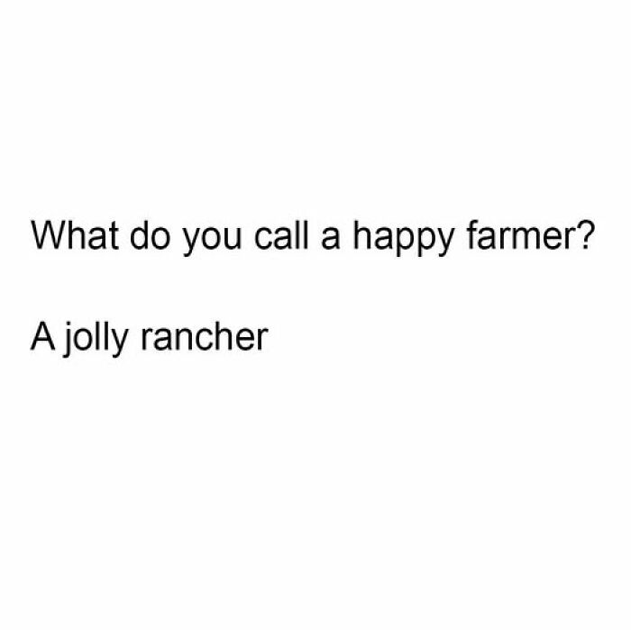 Text image with a cringy joke asking what you call a happy farmer followed by the punchline a jolly rancher for dad jokes and puns.