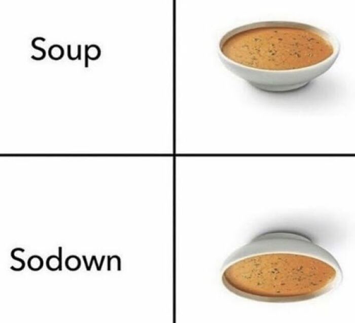 Bowl of soup shown right side up and upside down with a pun illustrating cringy jokes to send to your dad.