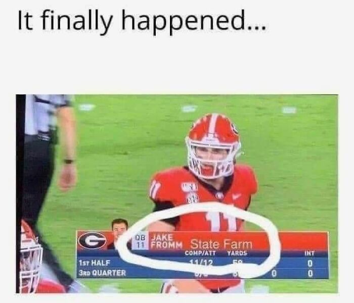 Football player with the name Fromm humorously linked to State Farm in a scoreboard, a cringy joke perfect for dads.