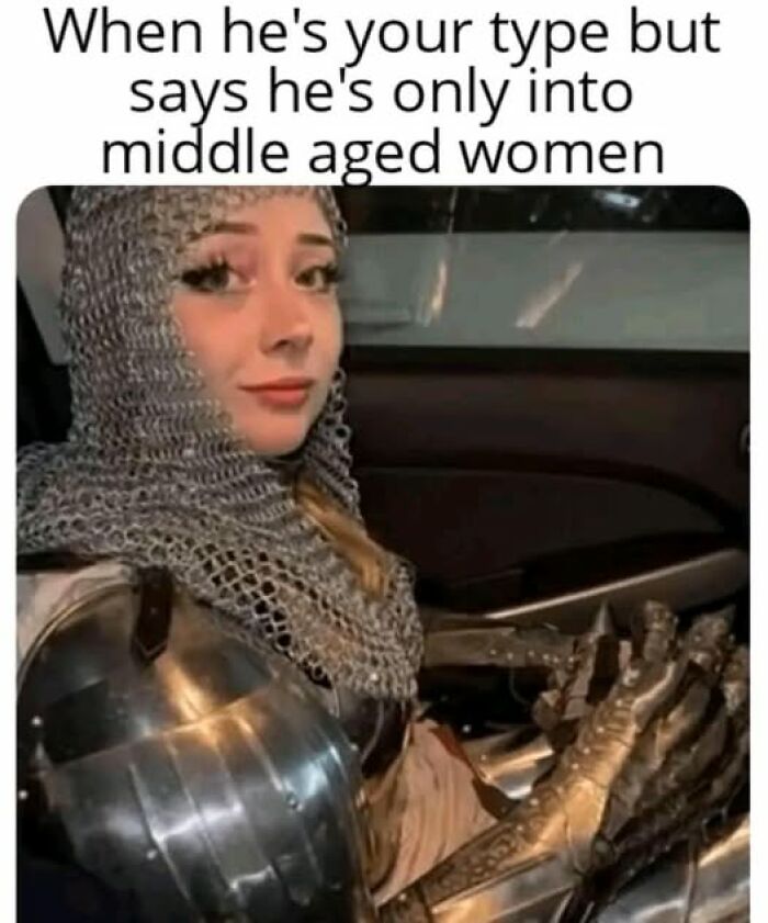 Woman in medieval armor with a sarcastic expression, illustrating a hilariously cringy joke or pun to send to your dad.