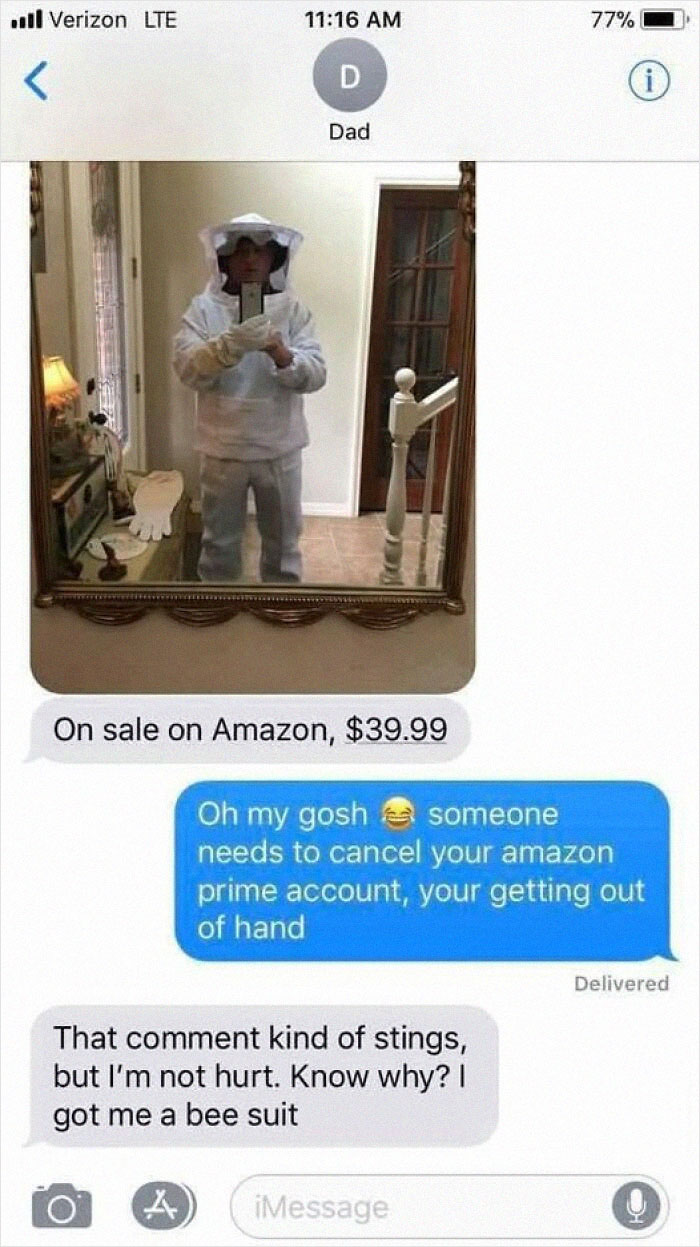 Text message exchange showing a dad in a bee suit, sharing a cringy pun about his new Amazon purchase.