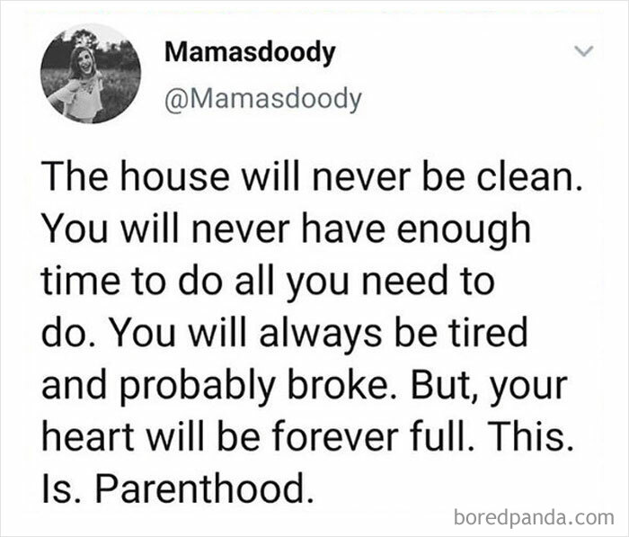 Relatable parenting meme about the challenges of parenthood including tiredness, mess, and a full heart.
