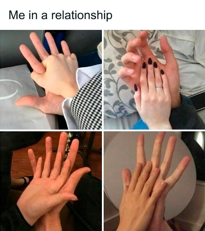 Four close-up photos showing mismatched hand sizes held together, illustrating relatable relationship memes about size difference.