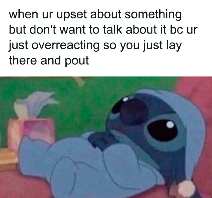 Cartoon character laying down and pouting, illustrating relatable relationship feelings in a hilarious meme format.