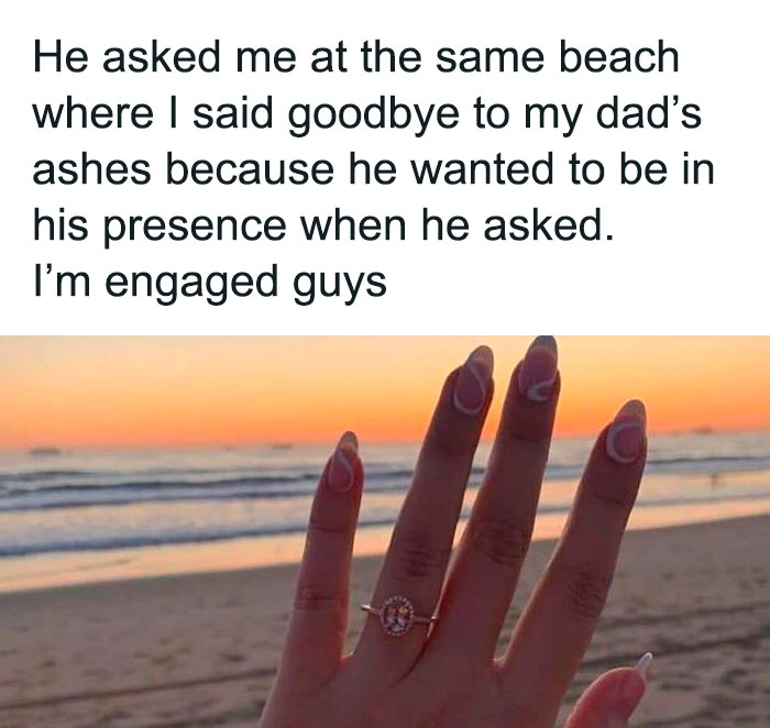 Hand with engagement ring at the beach during sunset, a relatable moment from hilarious relationship memes.