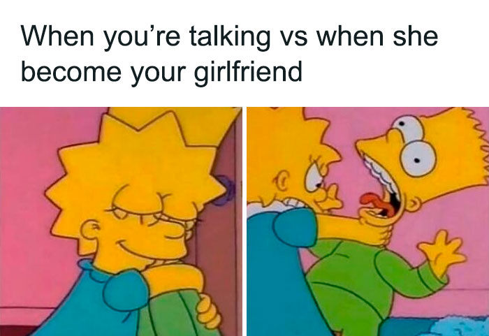 Meme depicting hilarious and relatable relationship moments with cartoon characters showing contrast in behavior before and after dating.