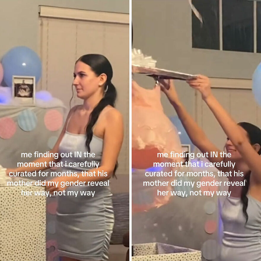 Woman reacting emotionally at a gender reveal party after ex-mother-in-law ruins the carefully planned celebration.