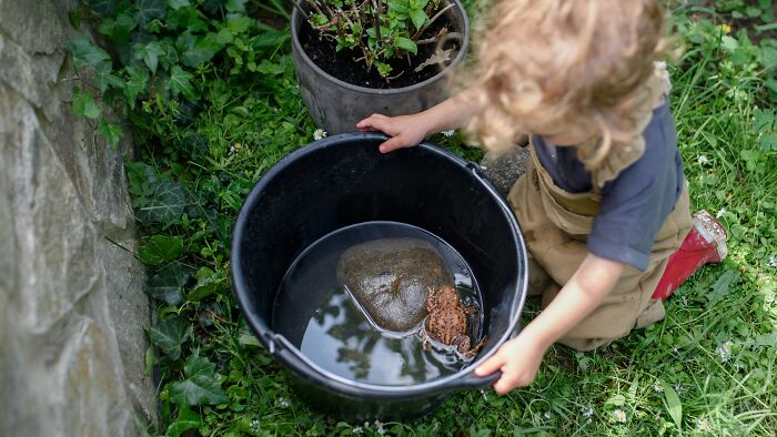 Child in red boots kneeling by a bucket of water outdoors during a playdate, exploring nature with curiosity.