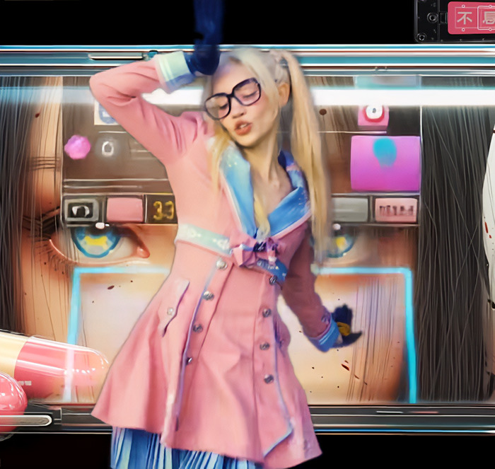 Grimes posing in a vibrant pink outfit with bold face tattoo, captivating fans with her unique ringworm style.