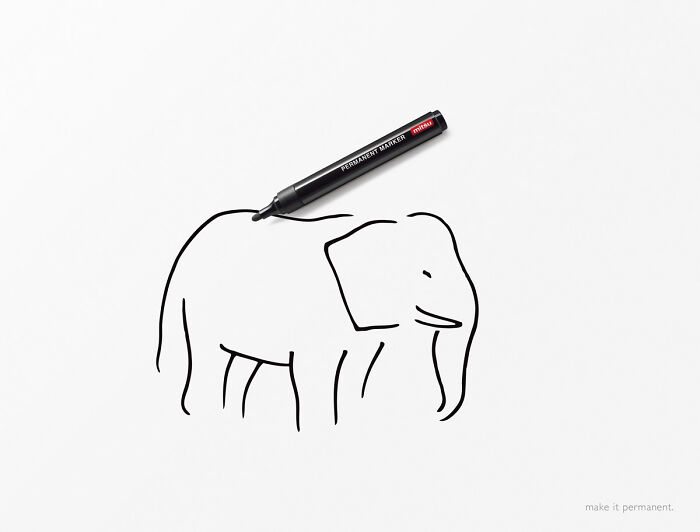 Black marker drawing a simple outline of an elephant on white paper, related to elephant ad campaigns.