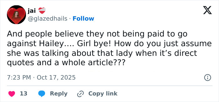 Tweet discussing Hailey Bieber and the renewed Selena Gomez feud with a skeptical tone about the accusations.