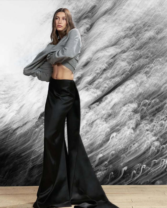 Hailey Bieber posing in stylish black pants and gray top, reopening the Selena Gomez feud with a new shady diss.