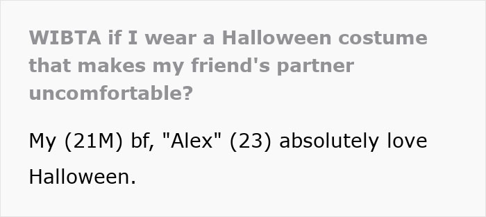 Text discussing a guy getting uncomfortable with Halloween costume due to masculinity so fragile issues in relationship.