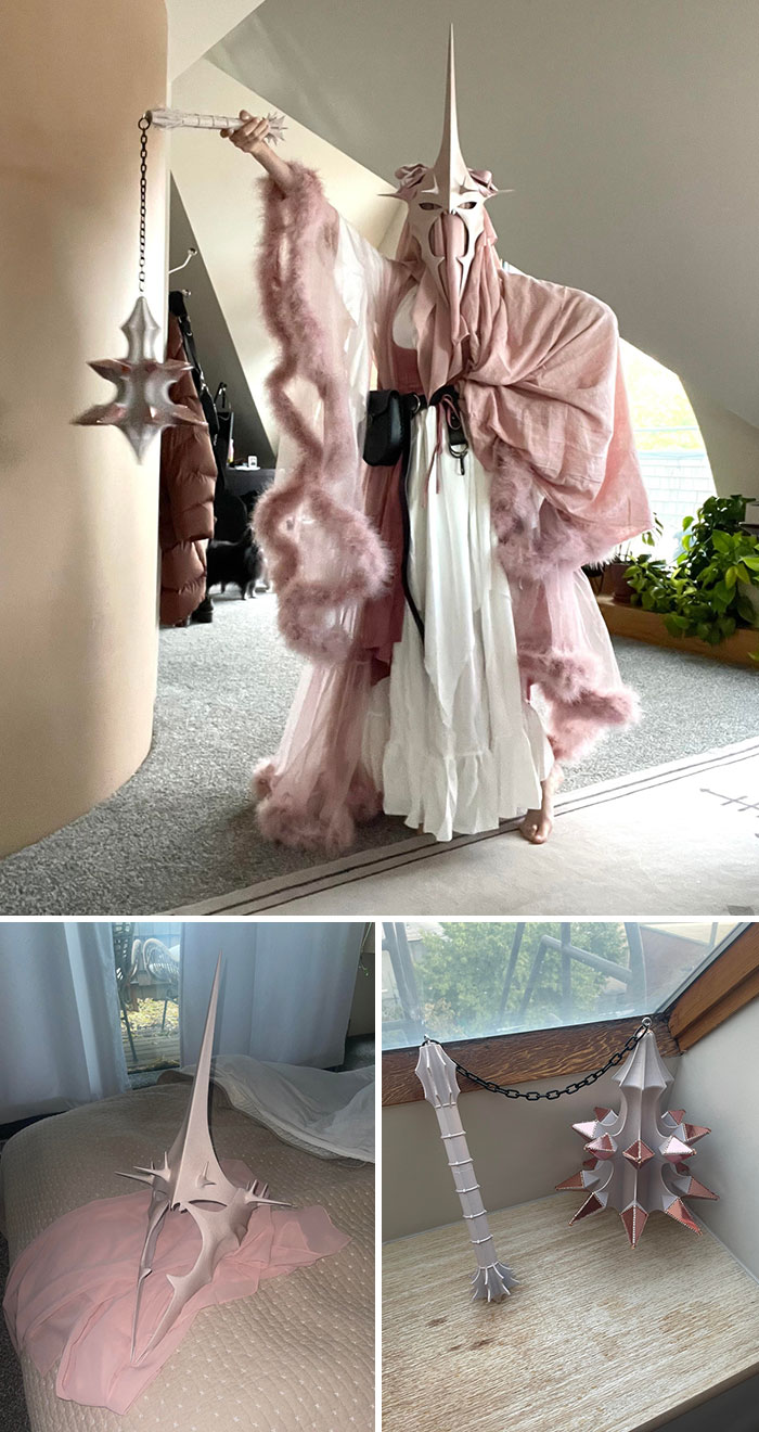 Creative Halloween costume ideas featuring a unique pink and white fantasy outfit with spiked mask and mace weapon.