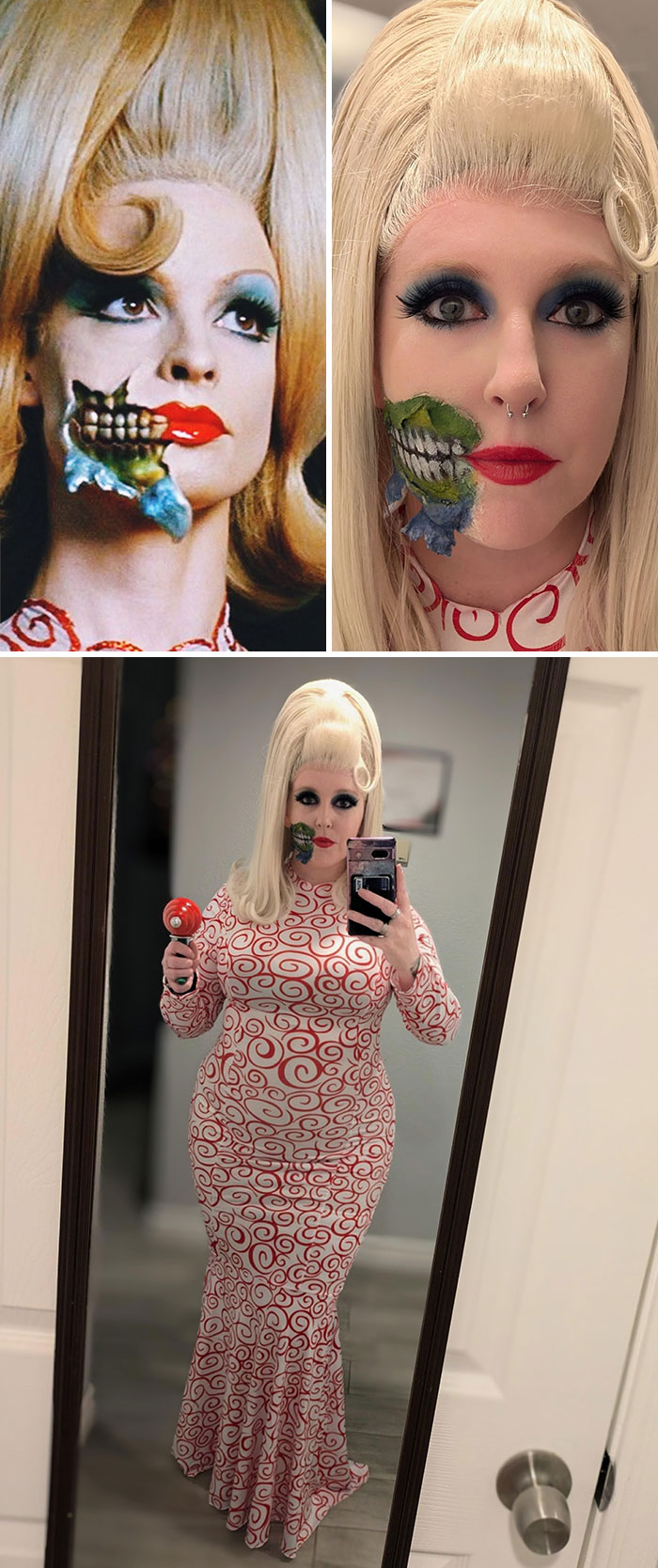 Creative Halloween costume idea featuring a blonde wig, detailed zombie makeup, and a red swirl patterned dress.