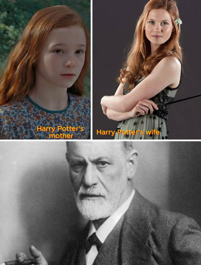 Three-panel meme with images of Harry Potter's mother, wife, and a historic man, humorously related to Harry Potter memes.