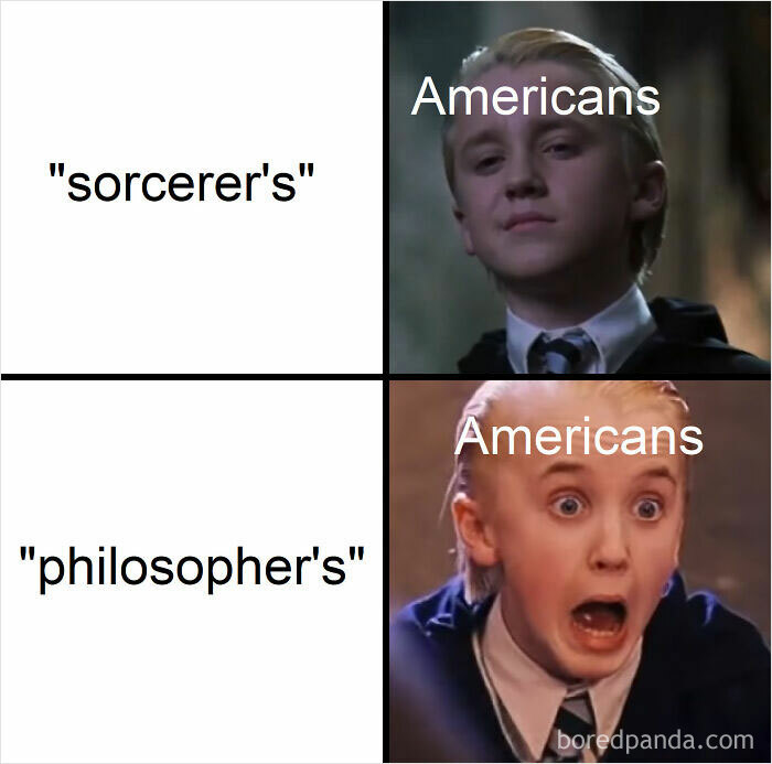 Harry Potter meme showing Americans reacting calmly to sorcerer's and shocked to philosopher's spelling differences.