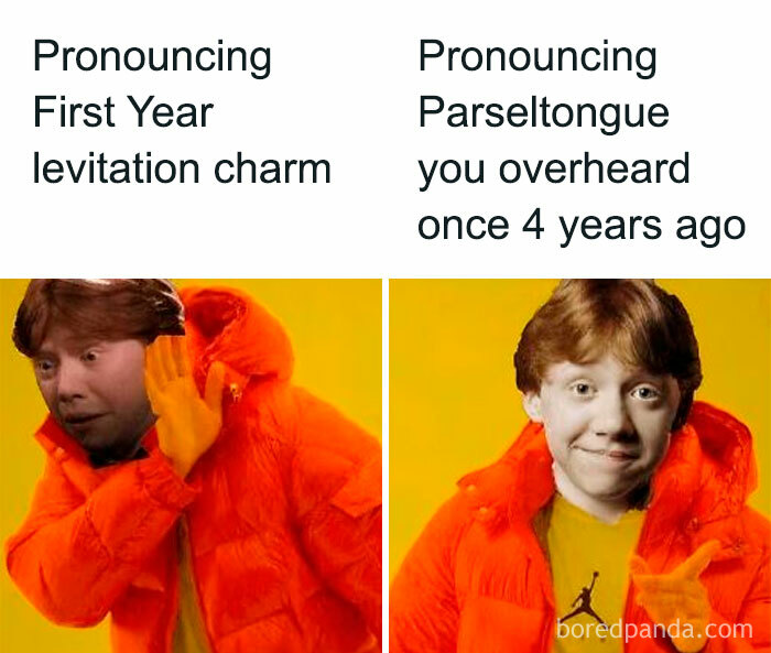 Ron Weasley reacting to first year levitation charm versus pronouncing Parseltongue meme, Harry Potter memes humor.