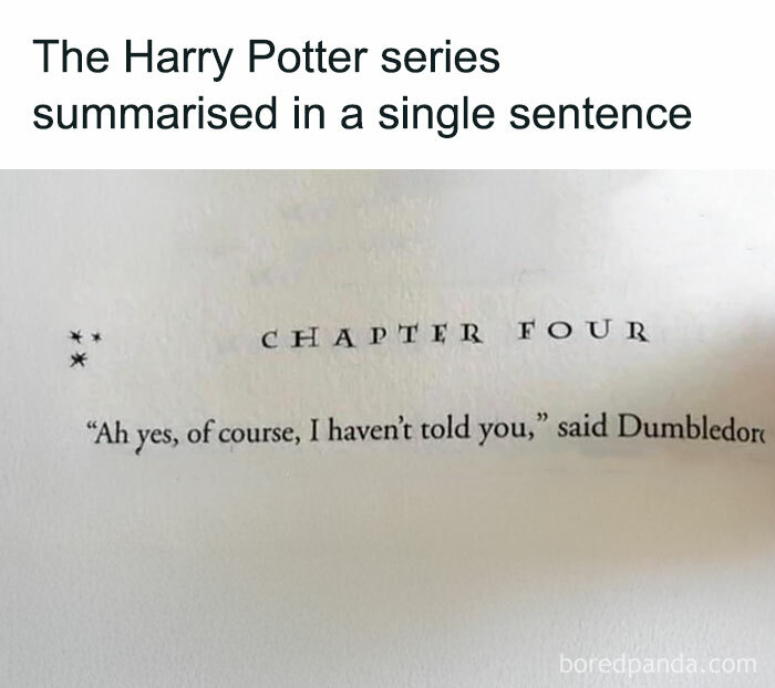Excerpt from a Harry Potter book showing chapter title and a quote from Dumbledore, part of Harry Potter memes.