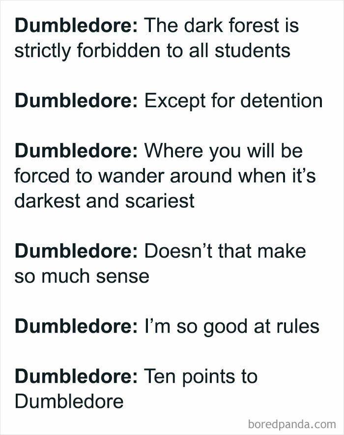 Text meme featuring Dumbledore humorously discussing rules and detention in a Harry Potter meme for Gryffindor fans.