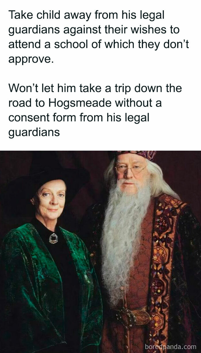 Harry Potter memes featuring Dumbledore and McGonagall discussing rules about guardians and Hogwarts consent.
