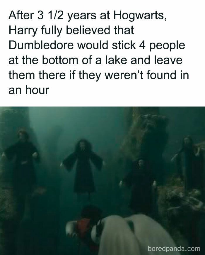 Harry Potter meme showing characters underwater, referencing Dumbledore and Hogwarts in a humorous scene.