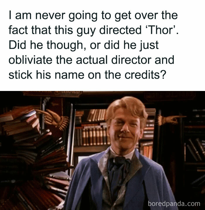 Alt text: A Harry Potter meme joking about the director of Thor with a smiling wizard in a library setting.