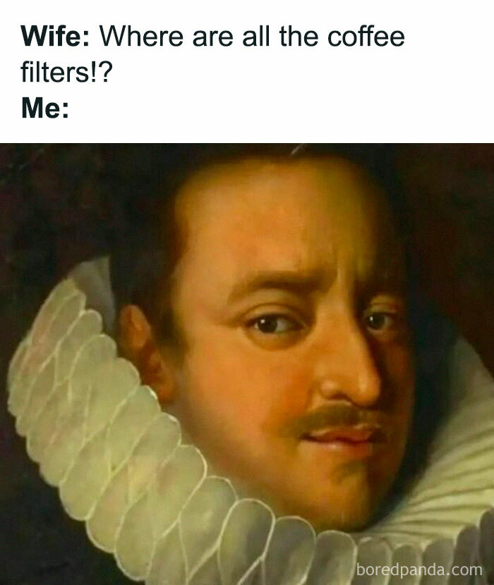 Historic portrait of a man with a ruffled collar paired with a relatable meme about forgetting coffee filters for work relief.
