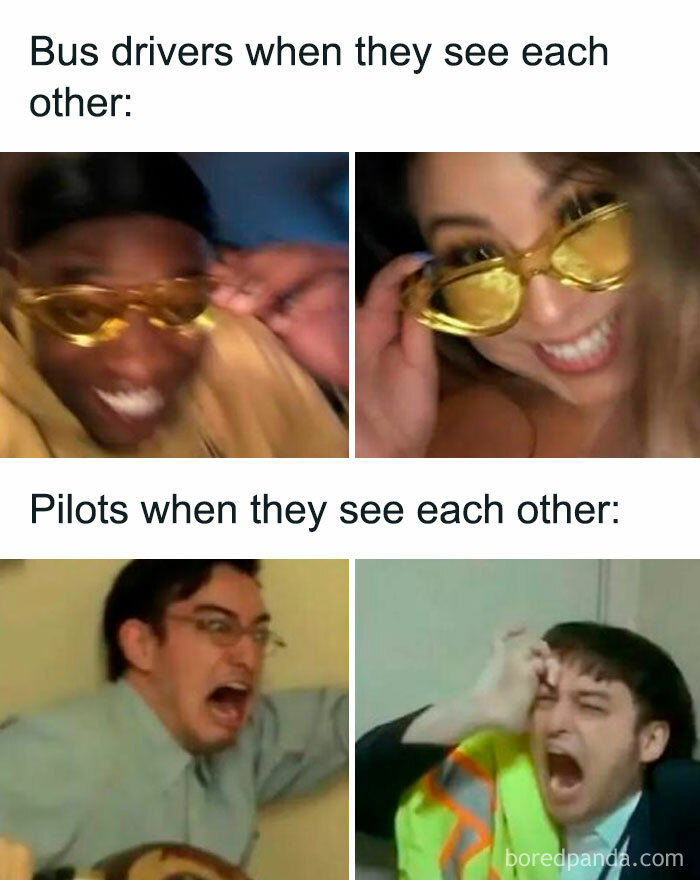 Two sets of images showing hilarious reactions, illustrating relatable memes to take your mind off work stress.