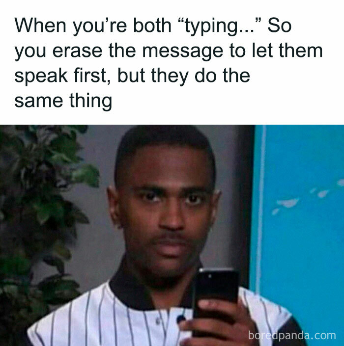Man holding phone with confused expression, illustrating a relatable meme about typing messages and work stress relief.
